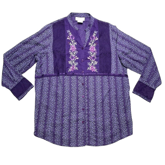 Vtg Mainstreet Blues Embroidered Purple Cotton Blend Button Blouse Size L Lace - Picture 1 of 9